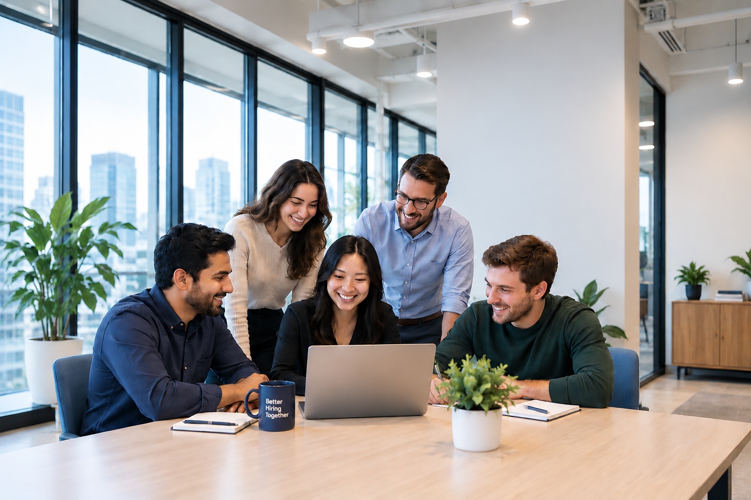 Promotional illustration from CareerUS Solutions showing five people collaborating around a laptop