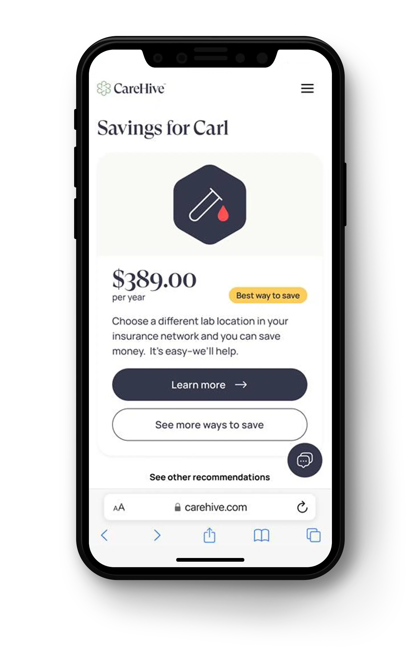 CareHive's official mobile savings-guidance product mockup
