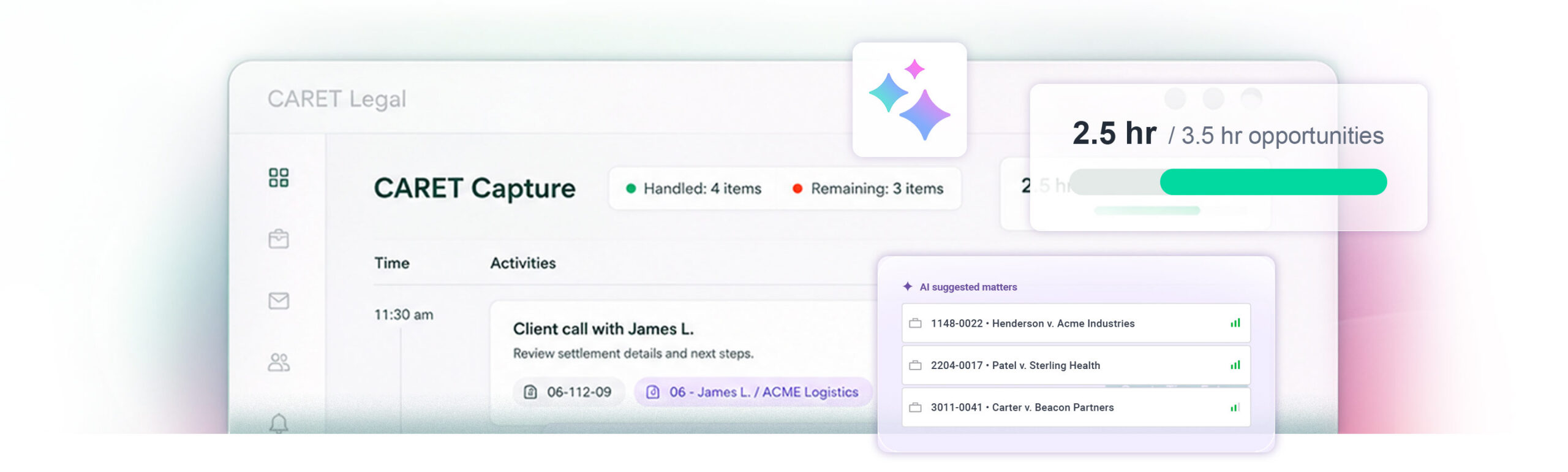 CARET’s product illustration showing Capture activity, suggested matters and time-entry opportunities