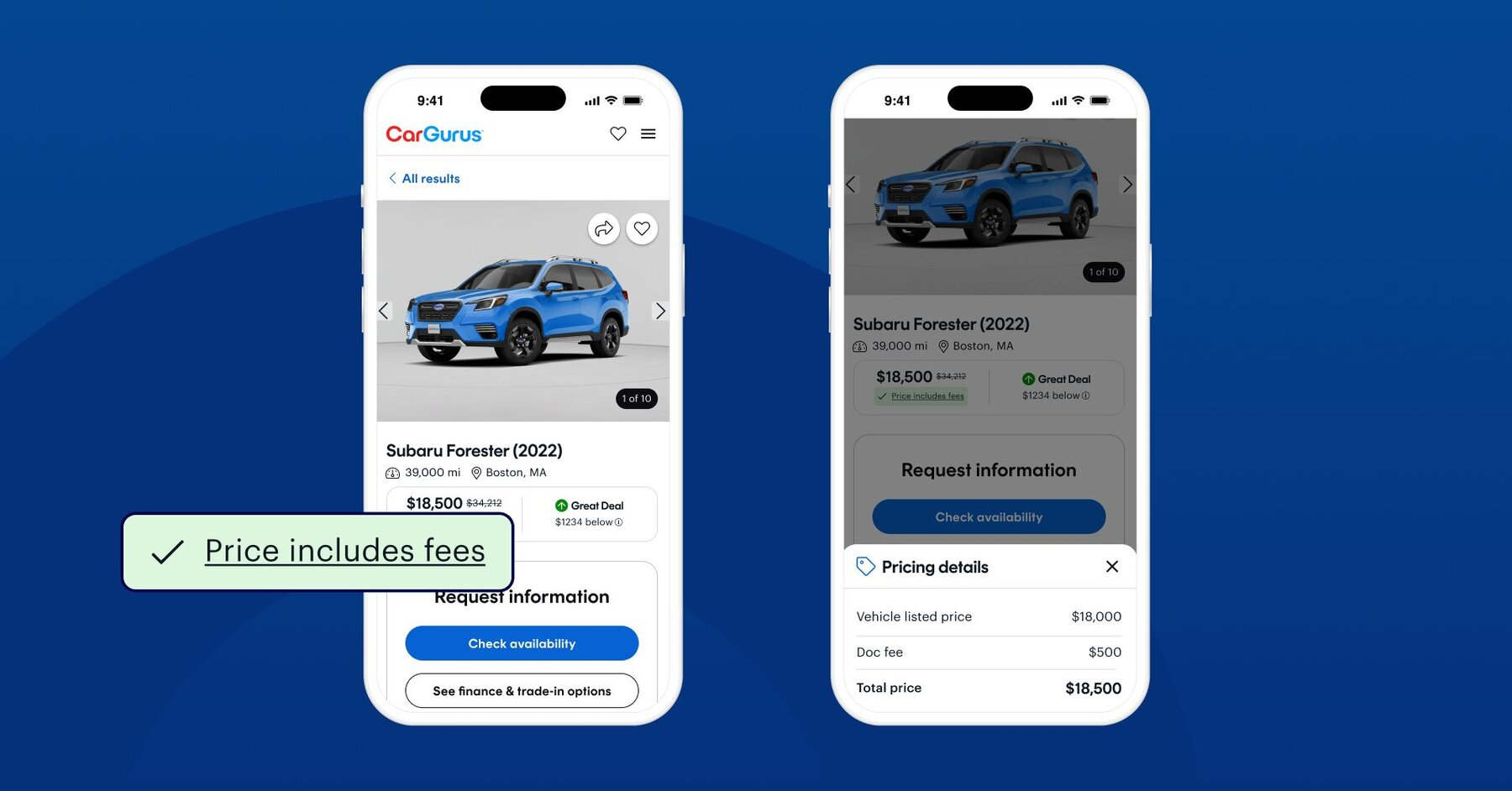 CarGurus product illustration showing a fee-inclusive vehicle price and itemized pricing details