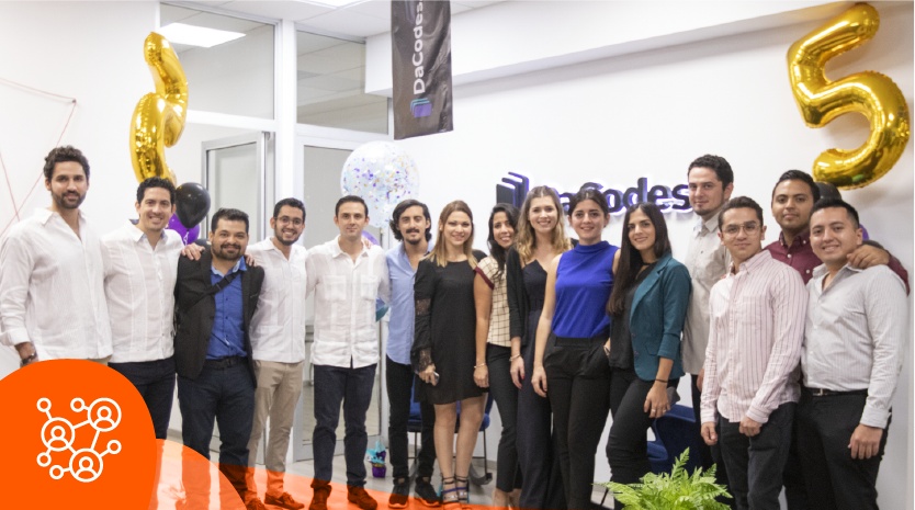 DaCodes founders and colleagues gathered in the office with fifth-anniversary balloons