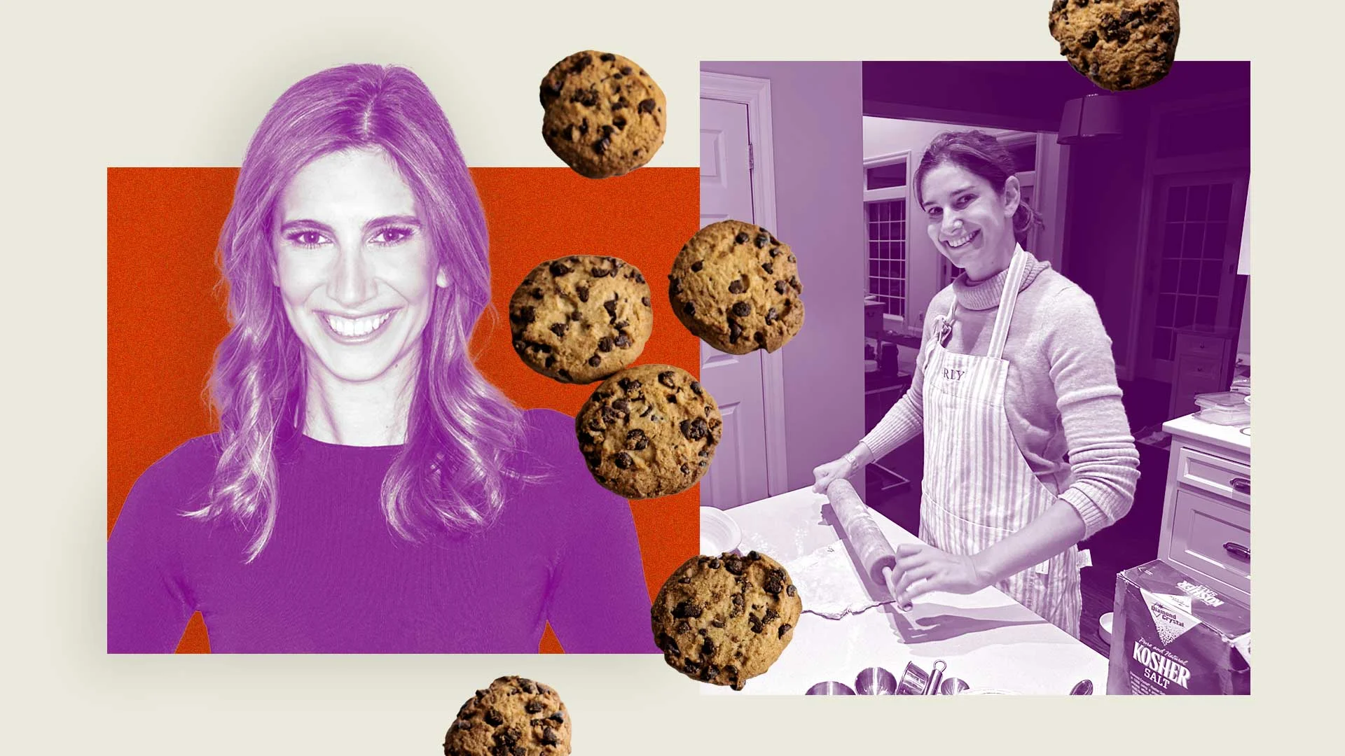 Editorial collage of Carly Zakin, including a photograph of her rolling dough in her kitchen