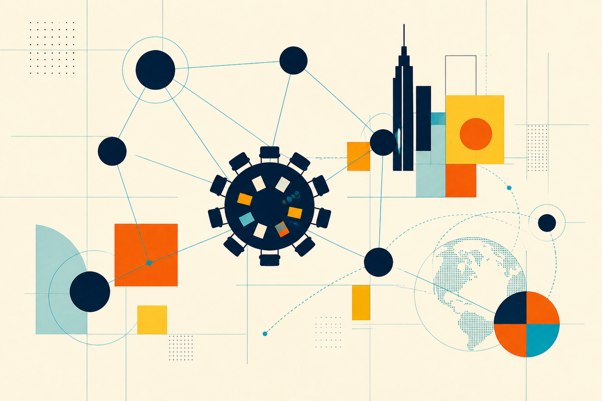 Abstract network of institutional investors, investment vehicles, a meeting table and global routes