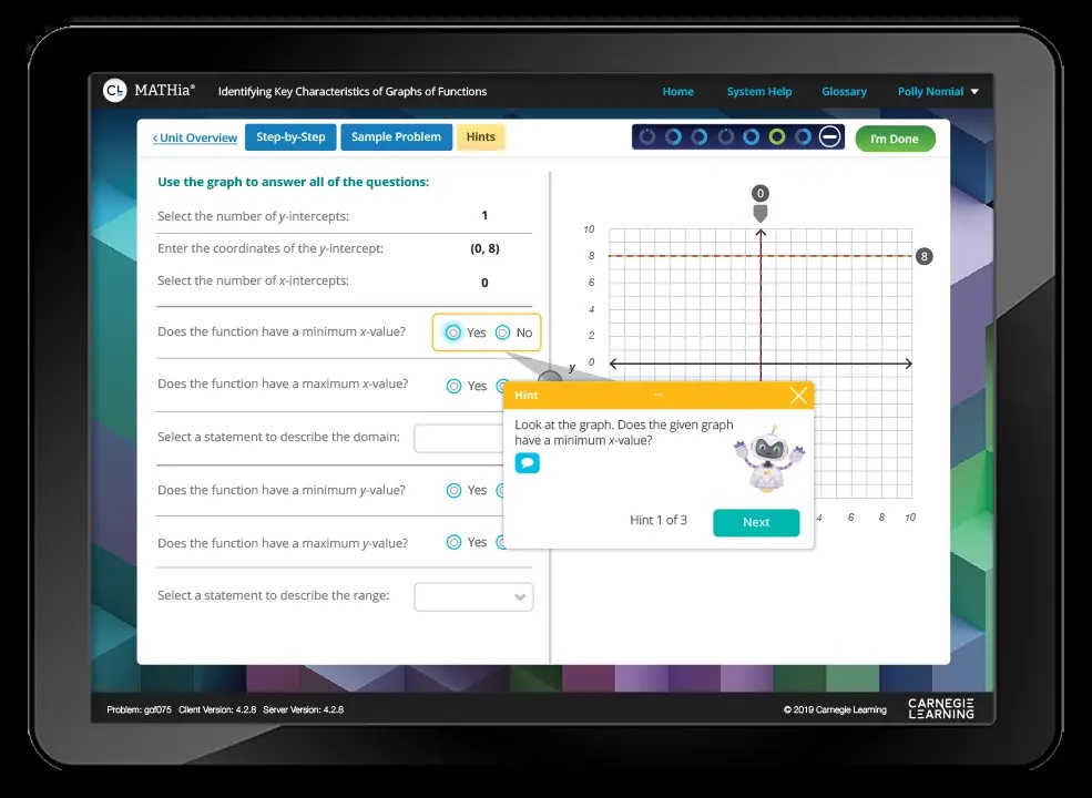 MATHia graphing exercise on a tablet, with contextual coaching beside the problem