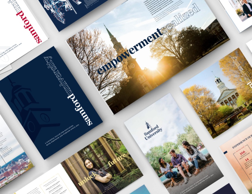 Samford recruitment brochures created by Carnegie, with navy covers, campus photographs, and empowerment realized messaging