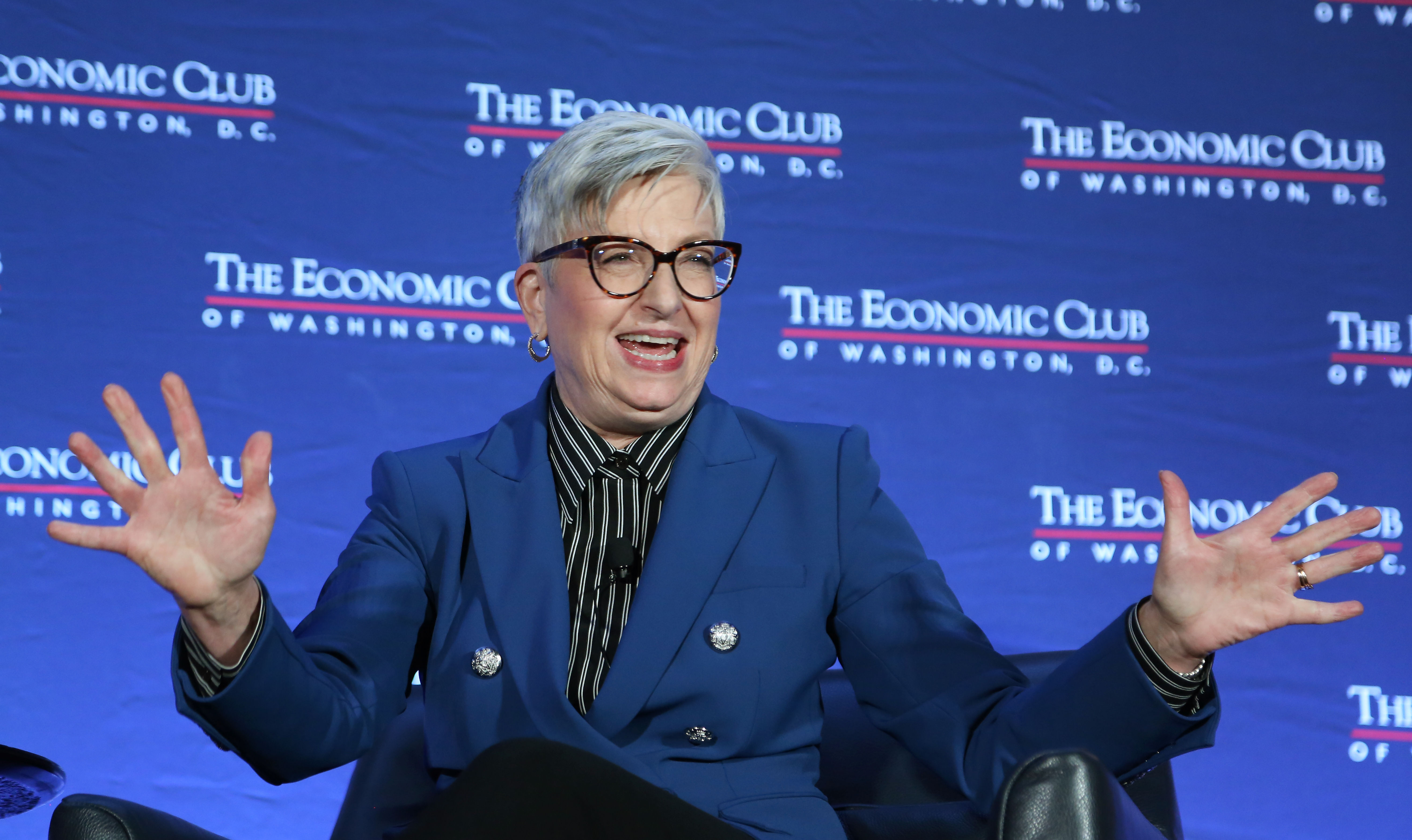 Carol Tomé gestures with both hands during her November 2023 Economic Club of Washington interview