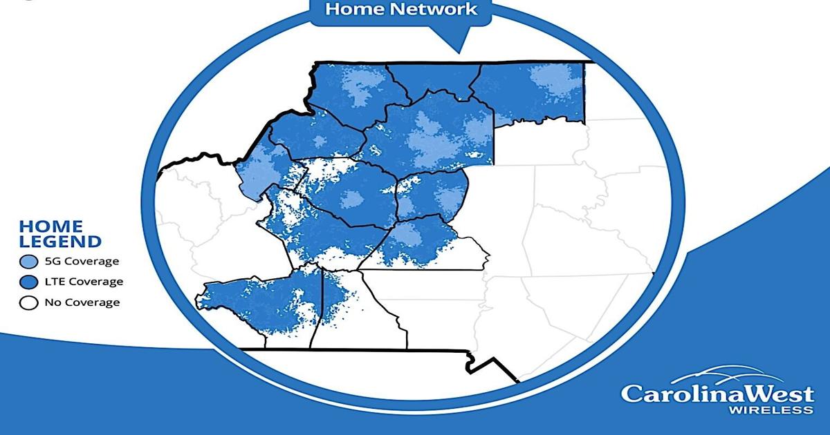 Carolina West Wireless home coverage map showing 5G and LTE coverage across western North Carolina counties
