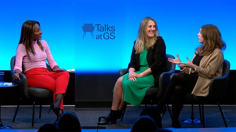 Carolyn Childers and Lindsay Kaplan speaking on stage at Talks at GS