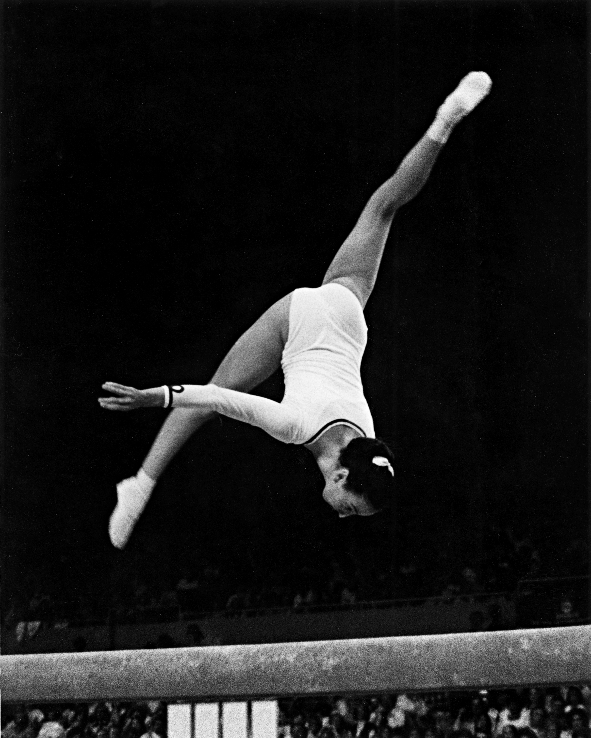 Carrie Englert performing gymnastics at the 1976 Montreal Olympics