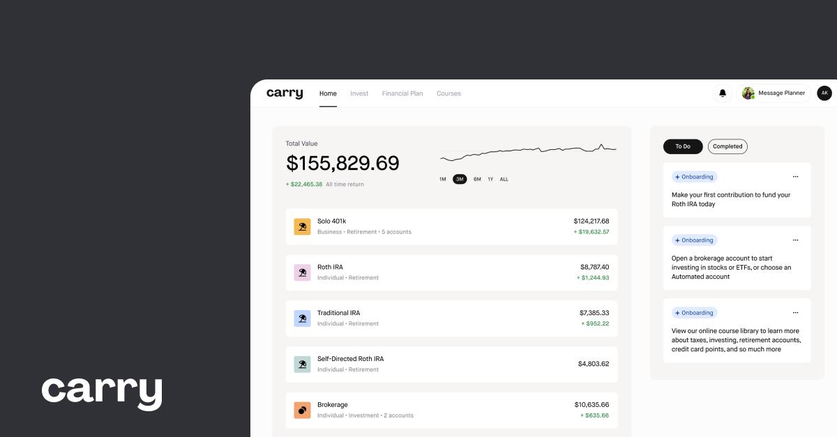 Carry promotional dashboard showing retirement and brokerage accounts together