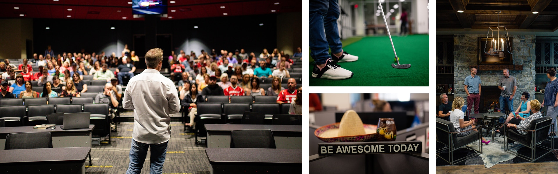 Company photo collage showing an auditorium gathering, indoor putting, and coworkers talking beside a fireplace