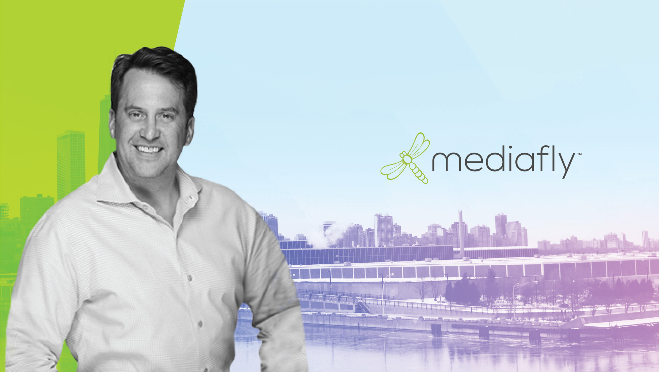 Carson Conant in a Mediafly press illustration with the Chicago skyline