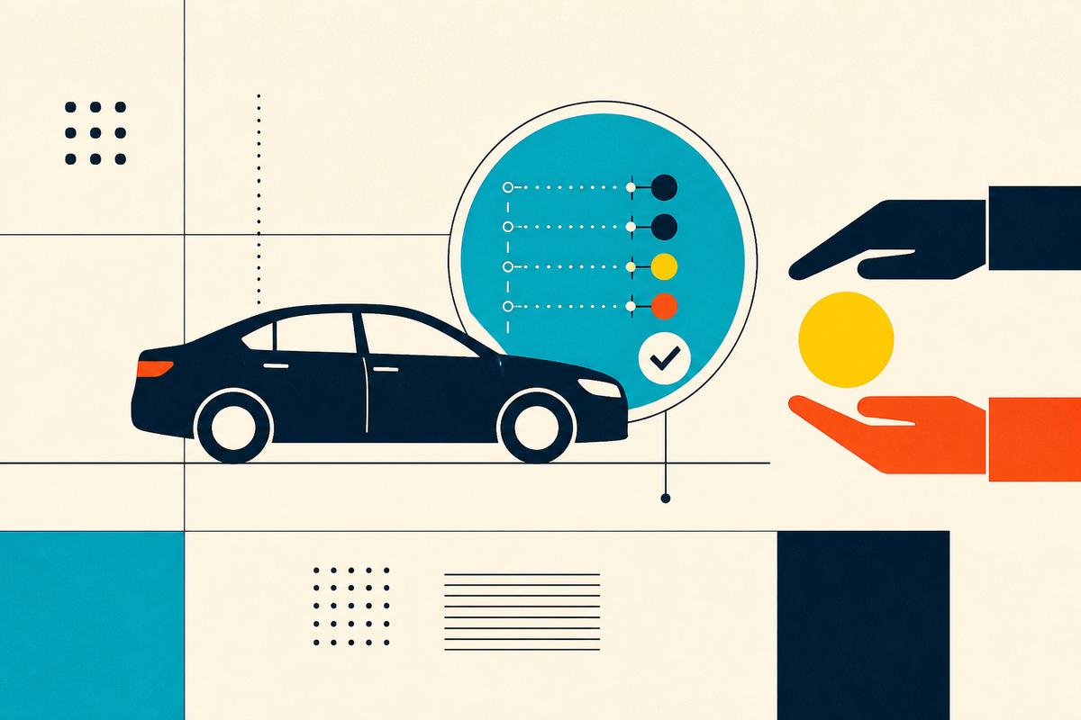 A geometric car passes through an inspection lens between abstract buyer and seller hands