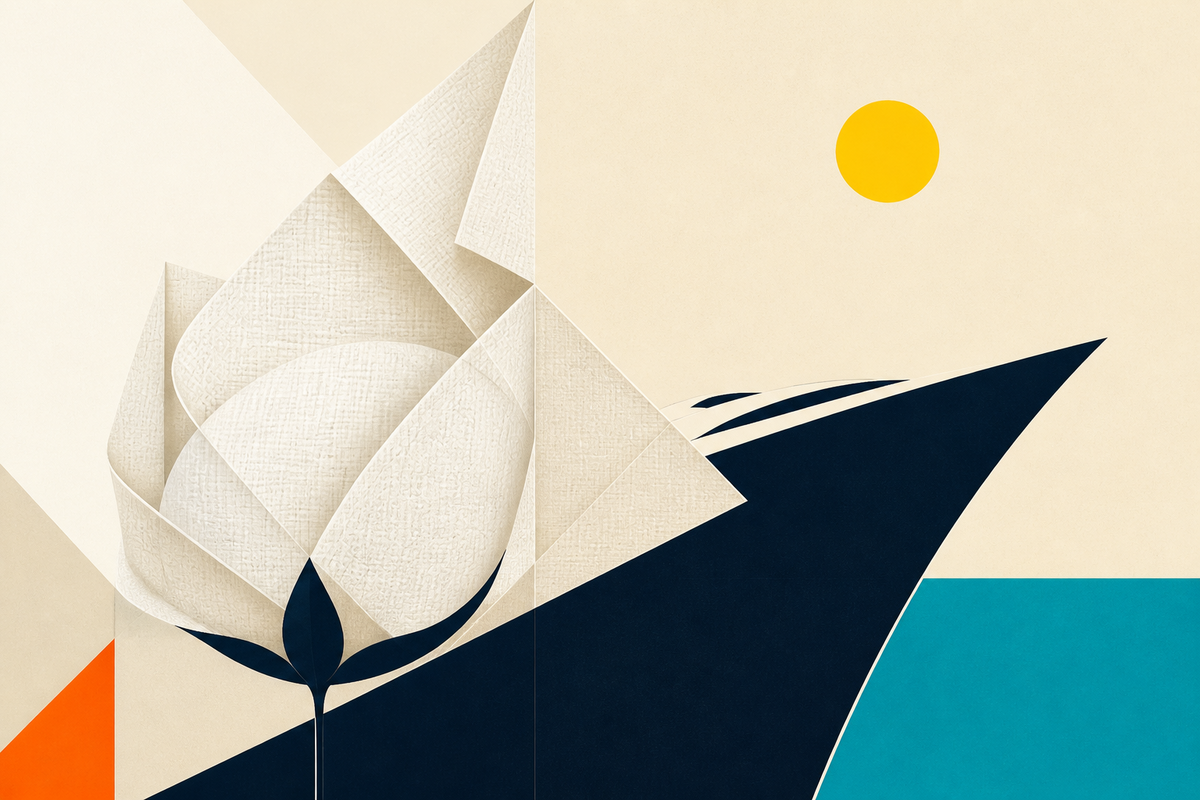 Abstract cotton folds intersecting a navy yacht form beneath a yellow sun