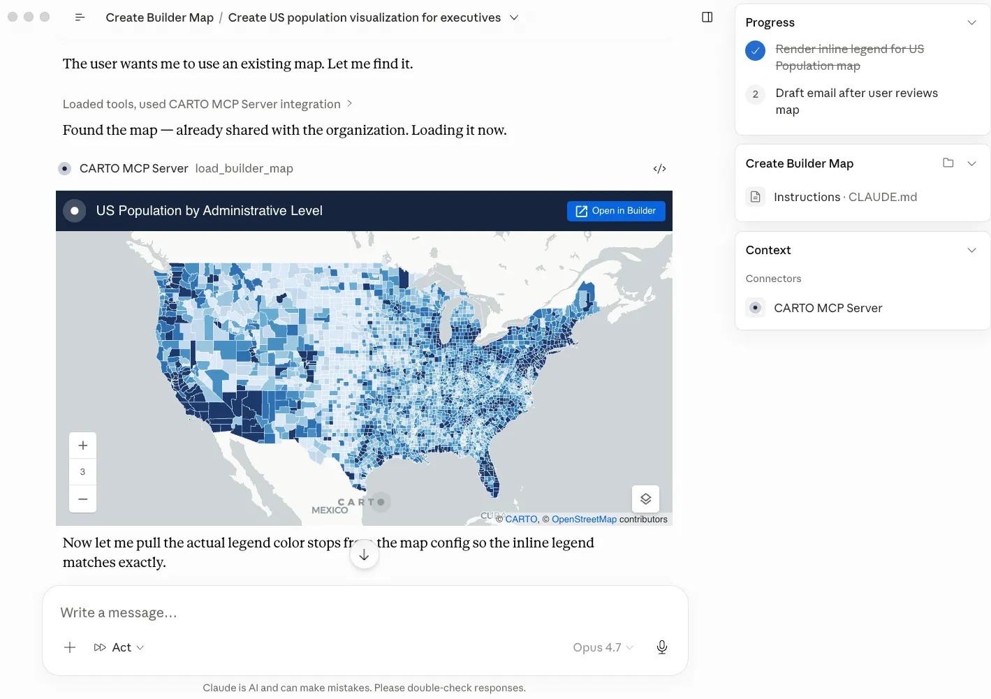 Official CARTO product screenshot showing Claude using the CARTO MCP Server to display a United States population map