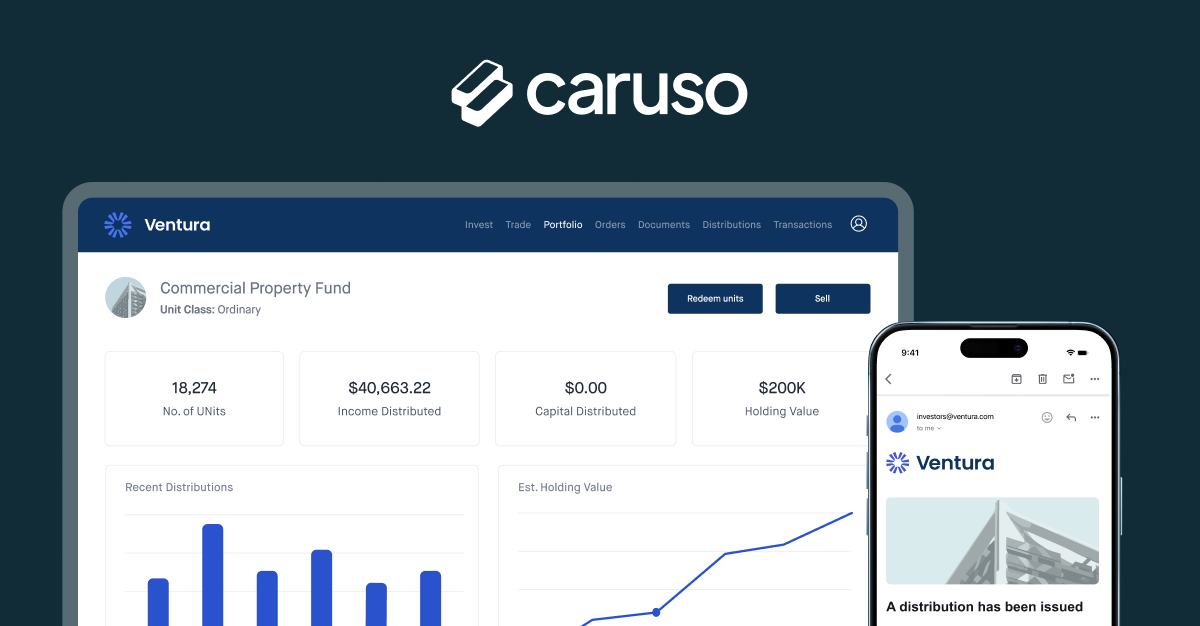 Caruso logo above a screenshot of its private-markets fund administration platform and investor portal