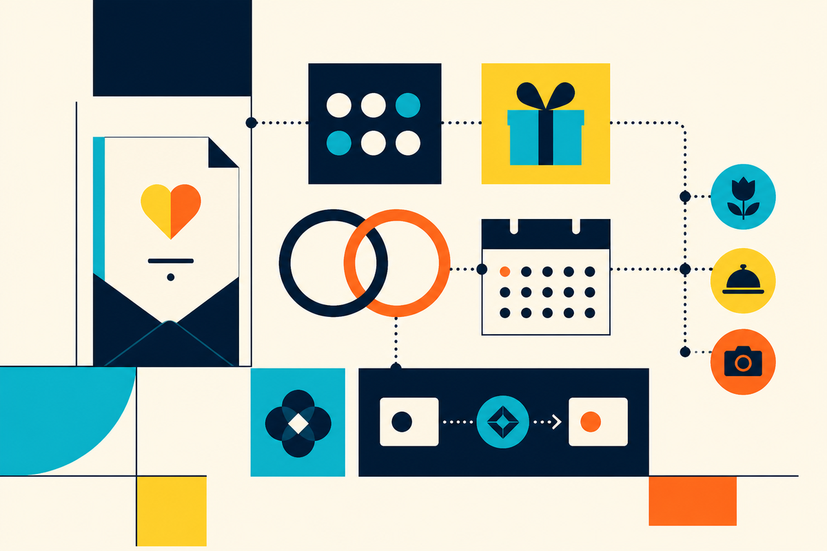 Abstract Swiss-style illustration linking an invitation, wedding rings, calendar, gift and service network