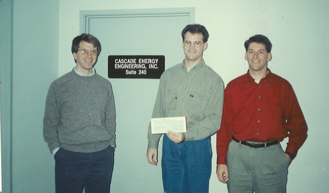 Cascade Energy’s three founders outside their first office in 1993