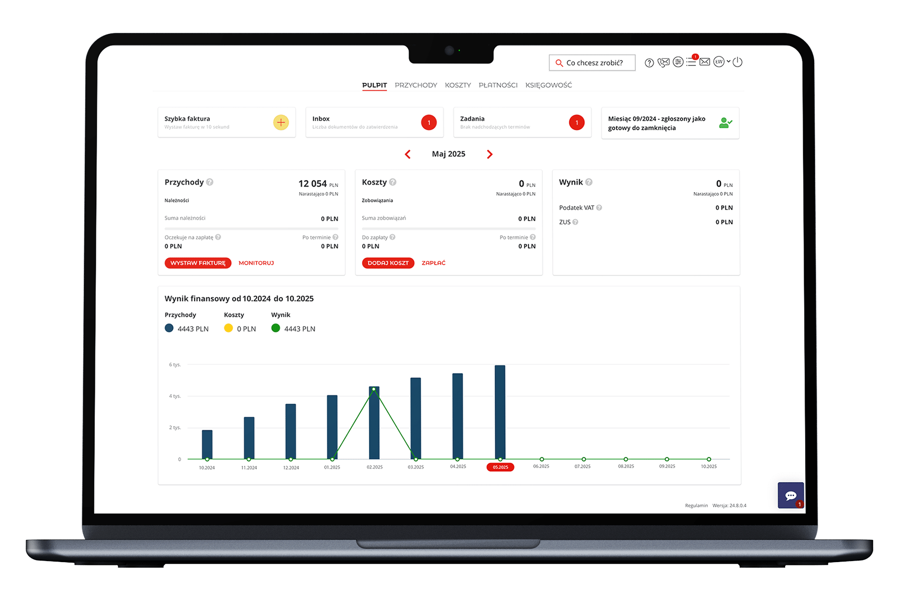 CashDirector product illustration showing income, costs, payment tasks and financial results on a laptop