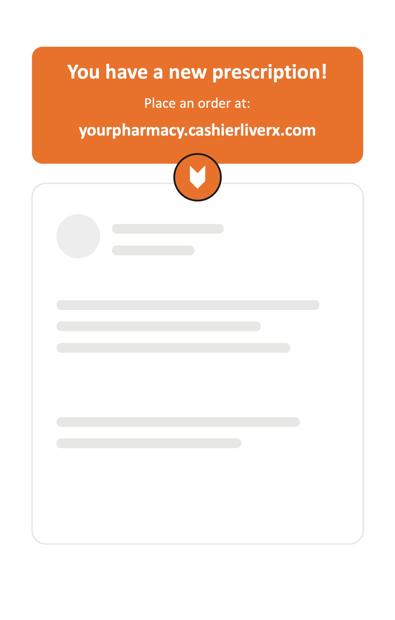 CashierLive Rx illustration of a new-prescription notification linking to a pharmacy checkout