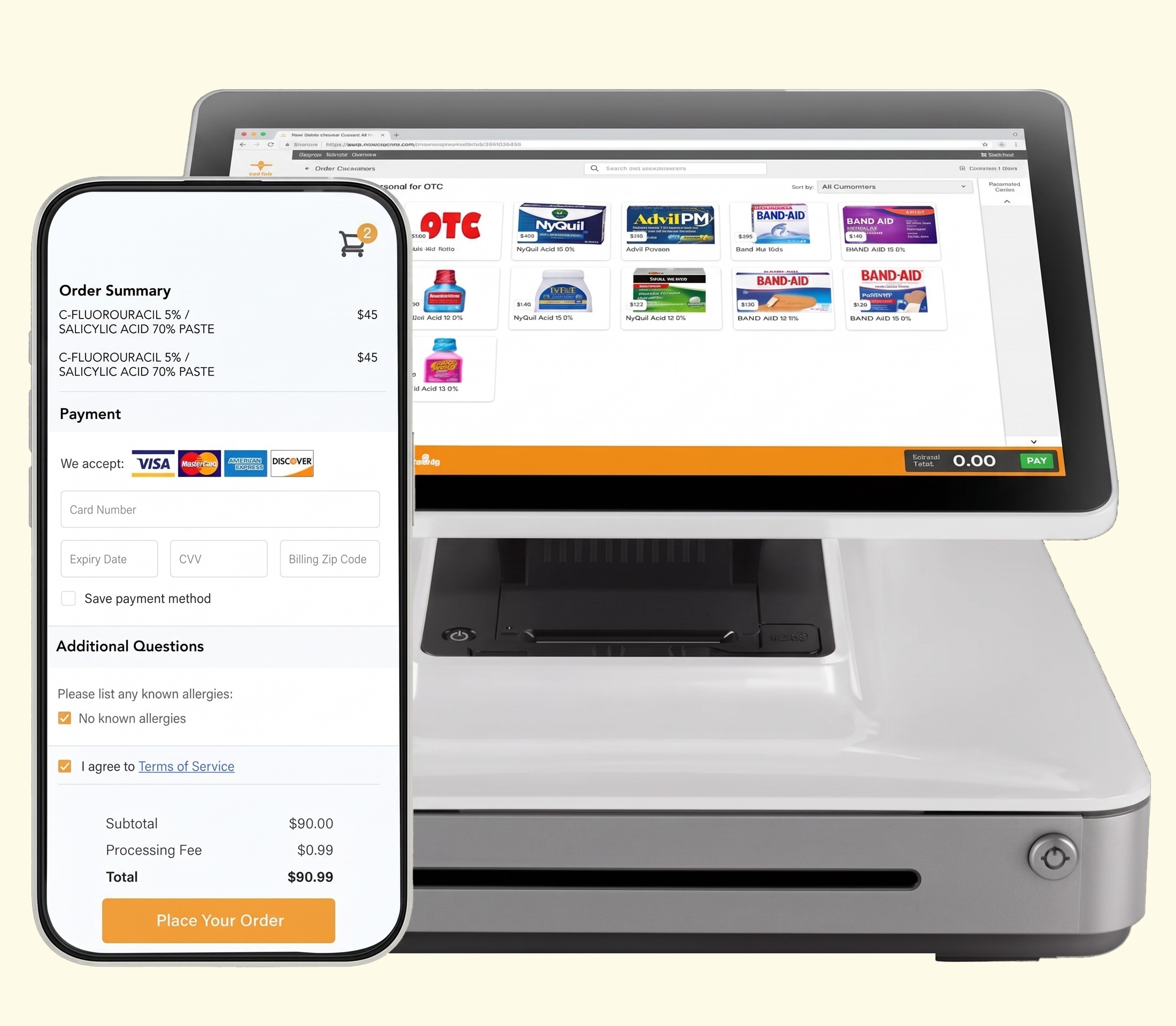 CashierLive product illustration showing a retail checkout terminal beside a phone payment screen