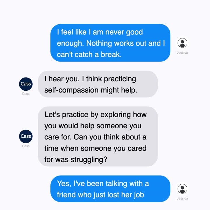 Cass promotional chat showing a self-compassion coaching exchange