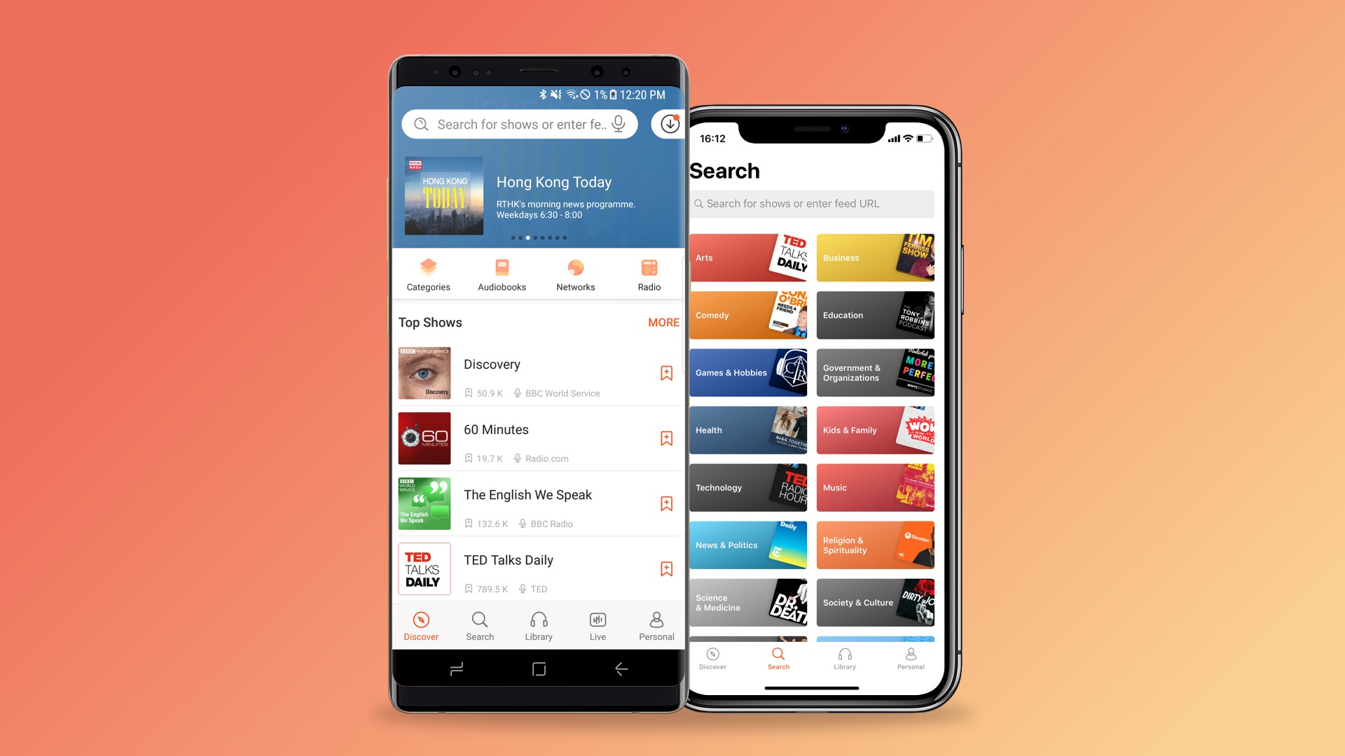Castbox discovery and search screens shown on Android and iPhone