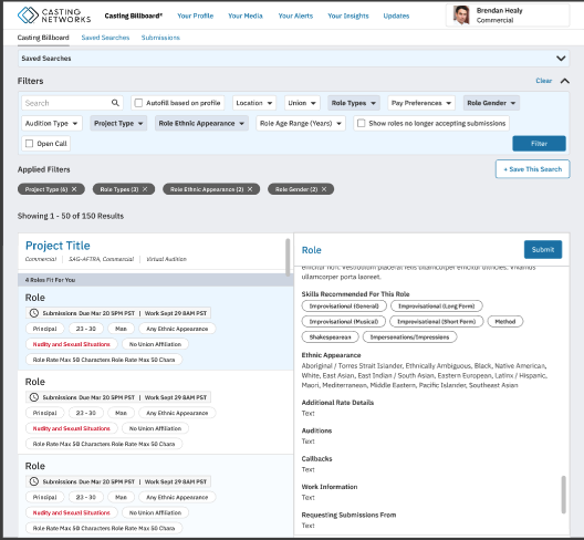 Casting Billboard product screenshot showing role filters and split-screen project details
