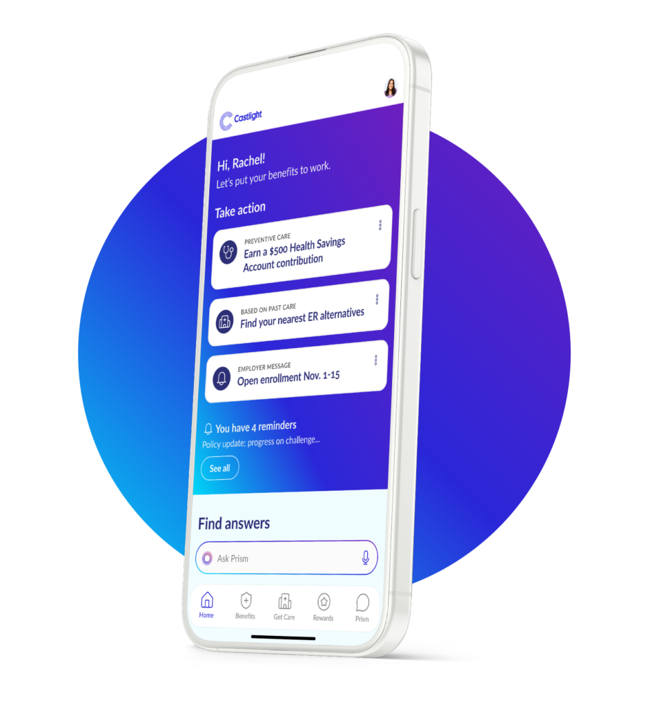Castlight mobile product illustration with personalized preventive-care actions and an Ask Prism field