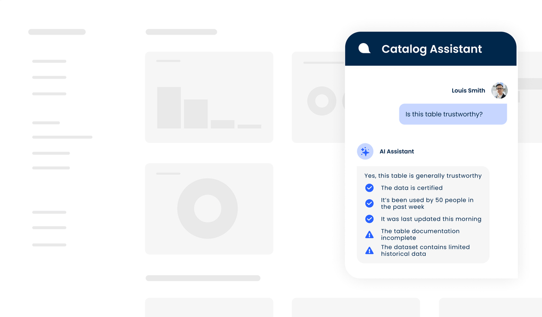Coalesce Catalog Assistant explaining why a table is trustworthy using certification, usage, freshness, and documentation signals