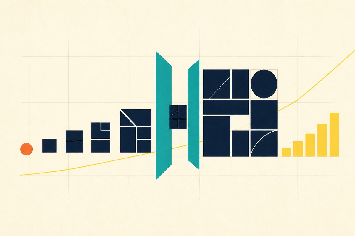 Abstract Swiss-style composition showing modular businesses moving through a gateway toward measured growth