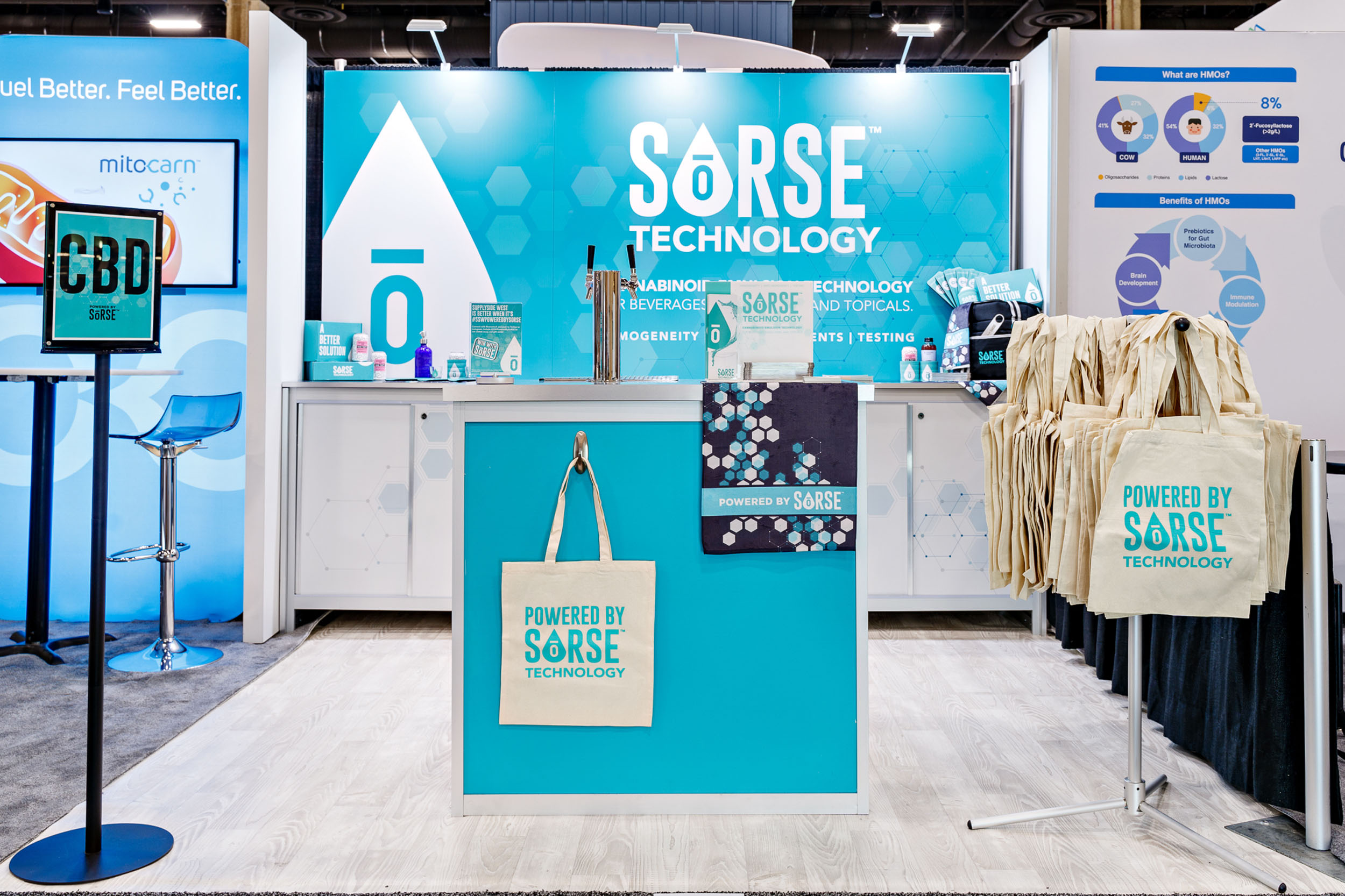 SōRSE Technology trade-show booth with branded ingredient displays and canvas bags