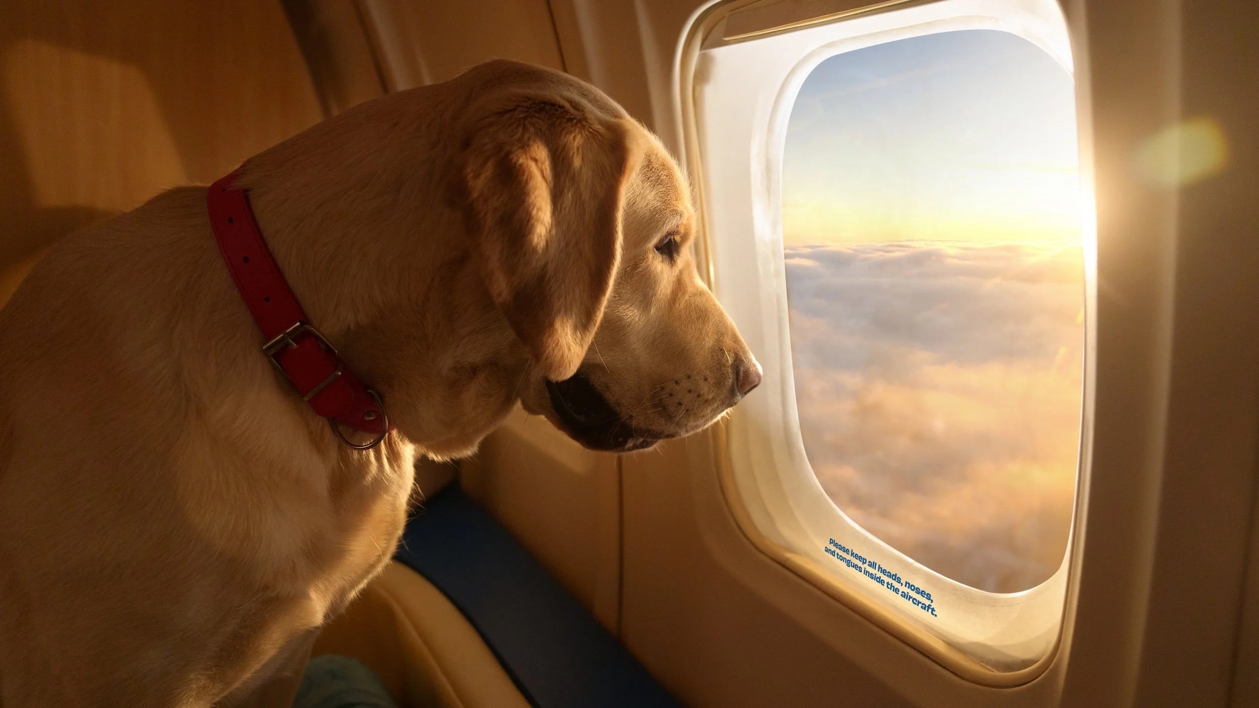 A Labrador looks through the window of an airplane at sunset