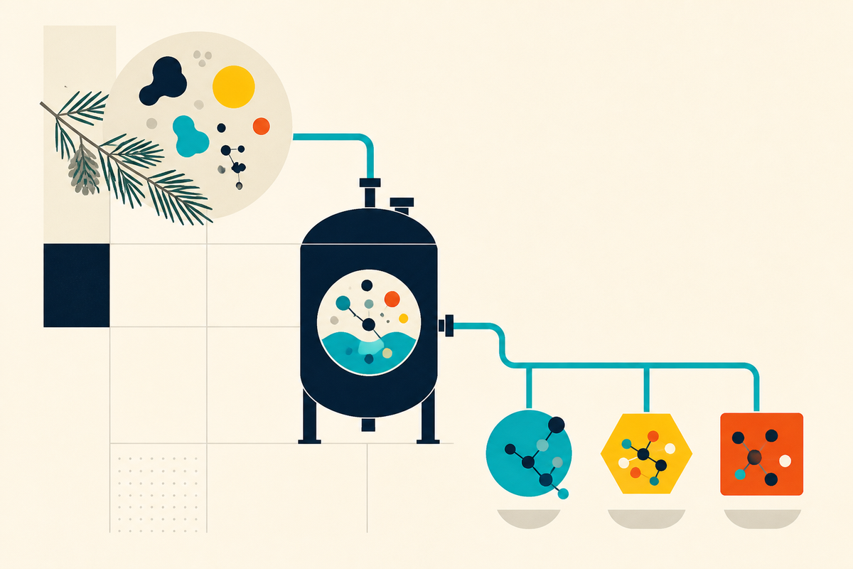 Abstract Swiss-style illustration of biological inputs flowing through a fermentation vessel into three ingredient forms