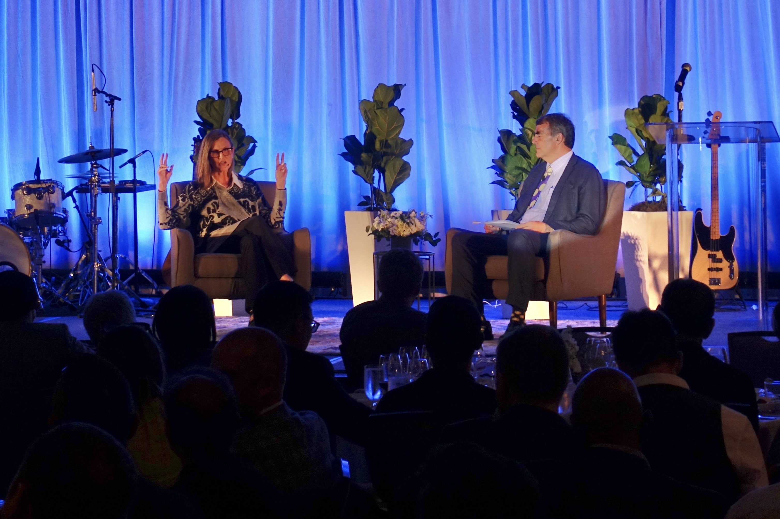 Cathie Wood gesturing during an onstage conversation with Tim Draper, seated before a blue curtain.