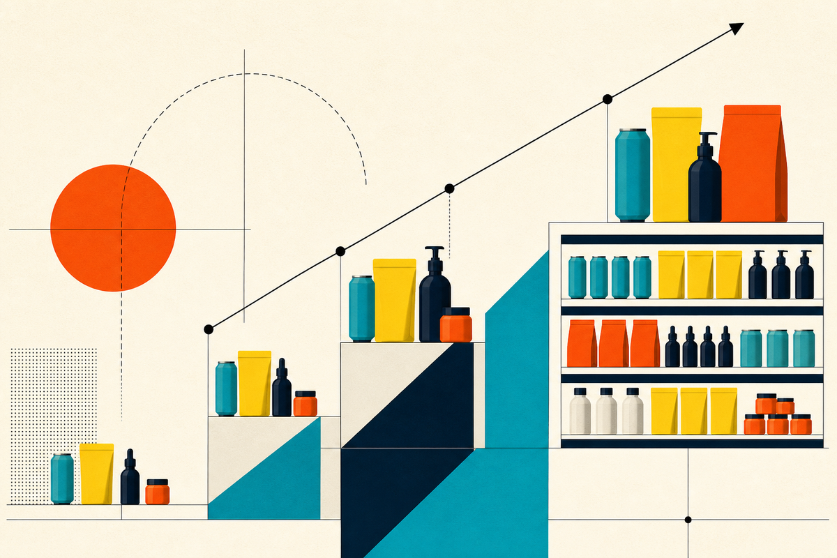 Abstract Swiss-style illustration of unbranded consumer packages moving up geometric steps toward a retail shelf