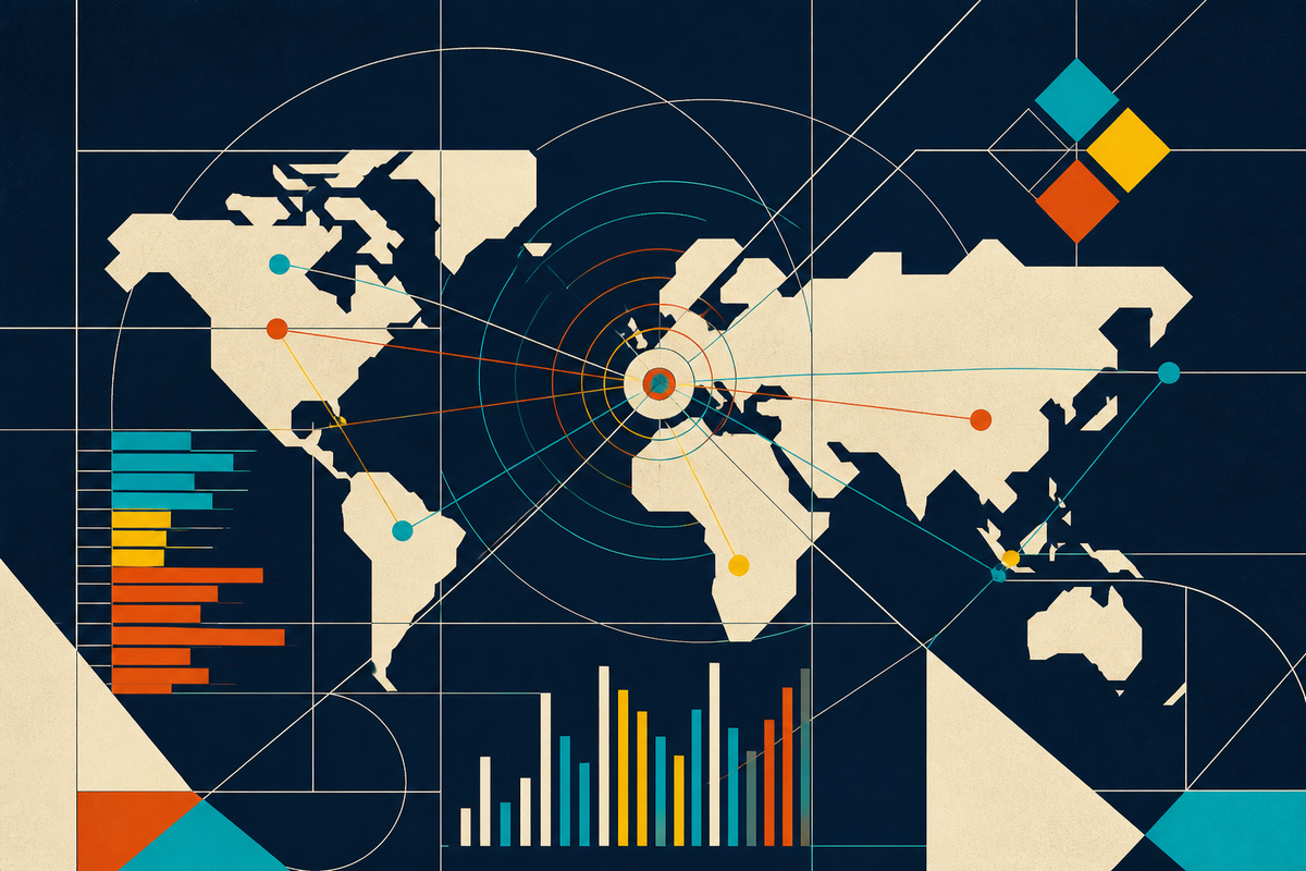 Abstract Swiss-style map of global market connections, volatility rings and order-book bars