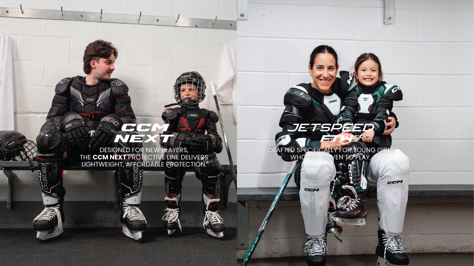 Adult and youth hockey players wearing CCM NEXT and JetSpeed FTW equipment in a locker room