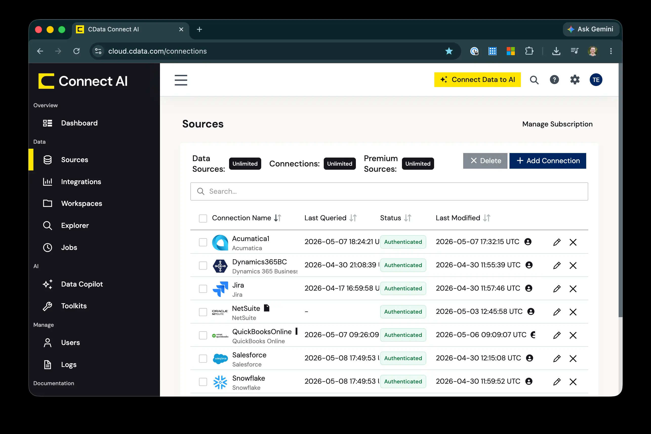 CData Connect AI dashboard showing enterprise data source connections
