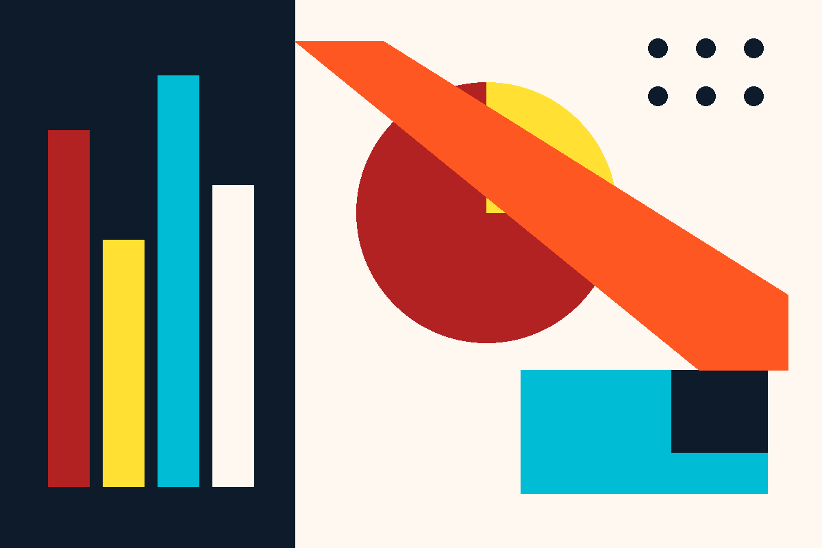 Swiss-style geometric composition in navy, red, yellow and teal