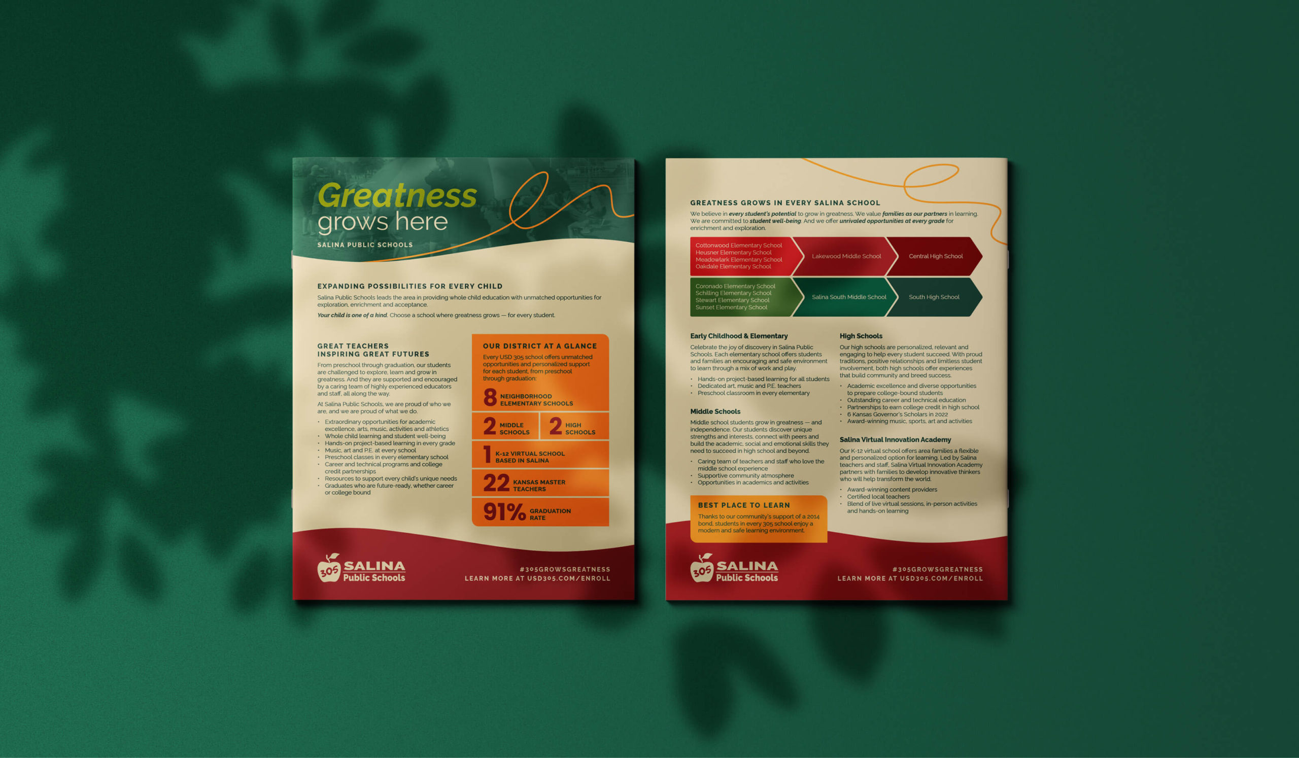 A spread of colorful enrollment campaign materials created for Salina Public Schools