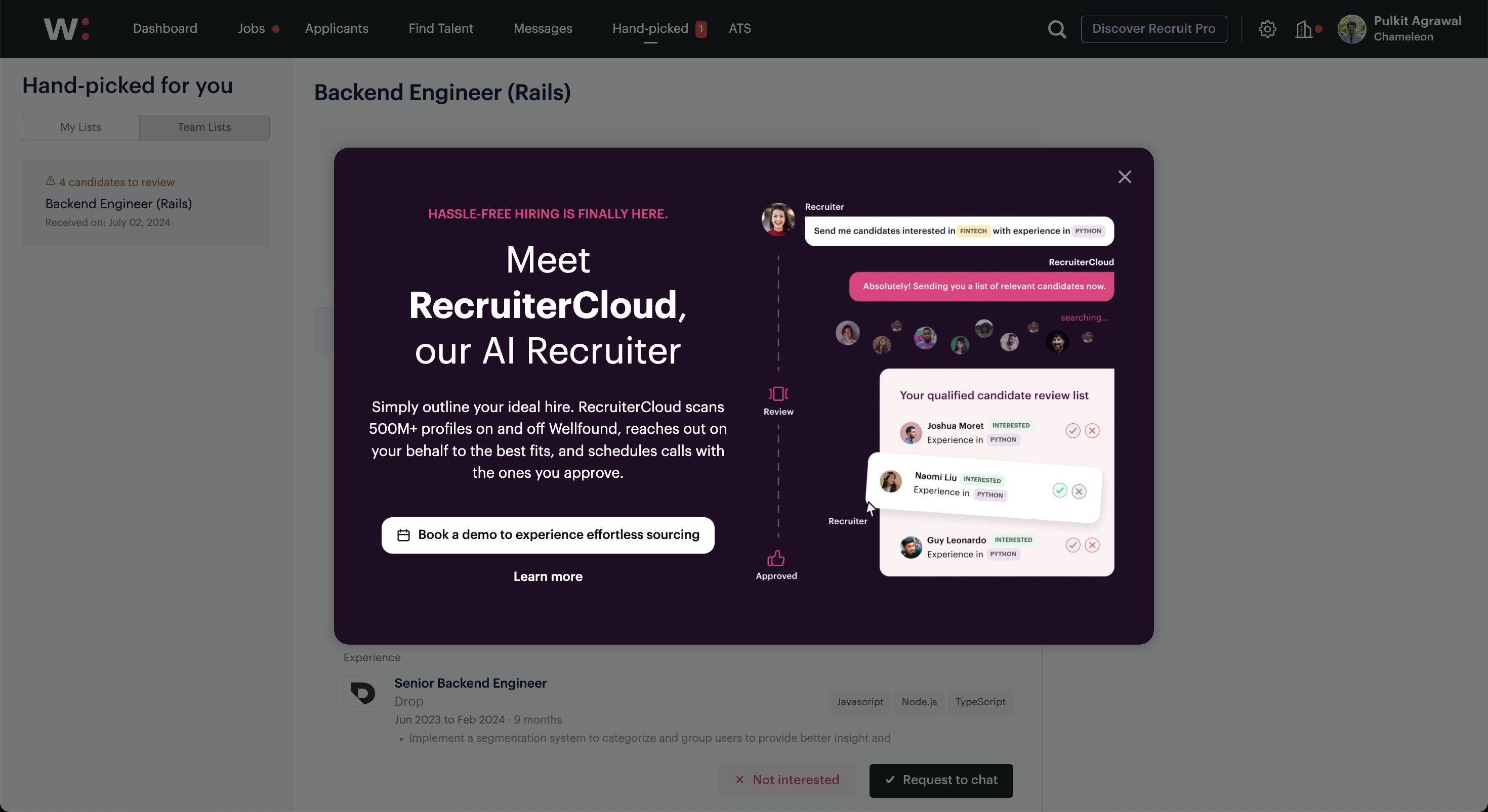 RecruiterCloud product screen showing AI candidate sourcing after Celential joined Wellfound