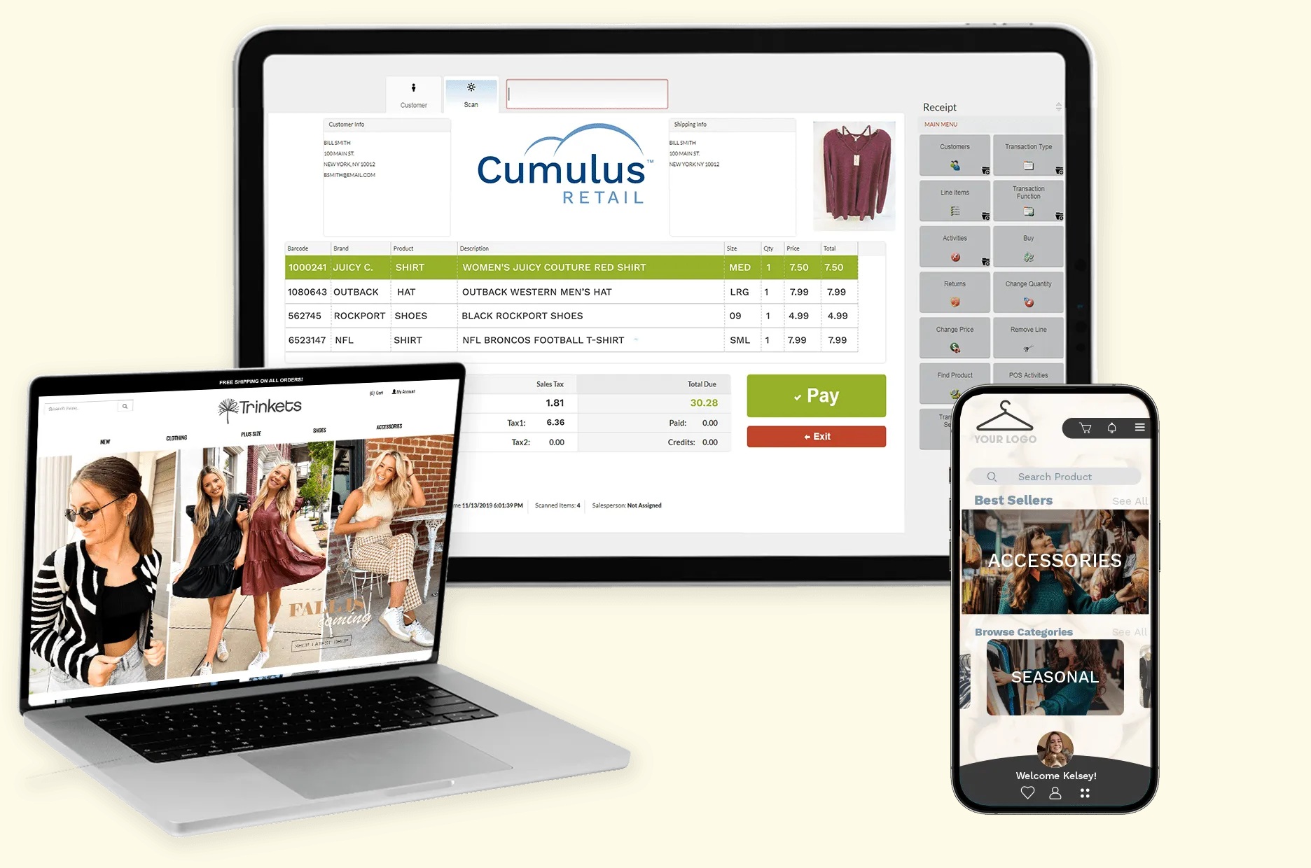 Cumulus Retail product composite showing checkout, an online storefront, and a mobile shopping app