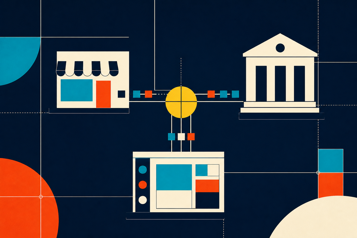 Abstract Swiss-style illustration linking a small shop, a bank, and a software terminal through a payment network