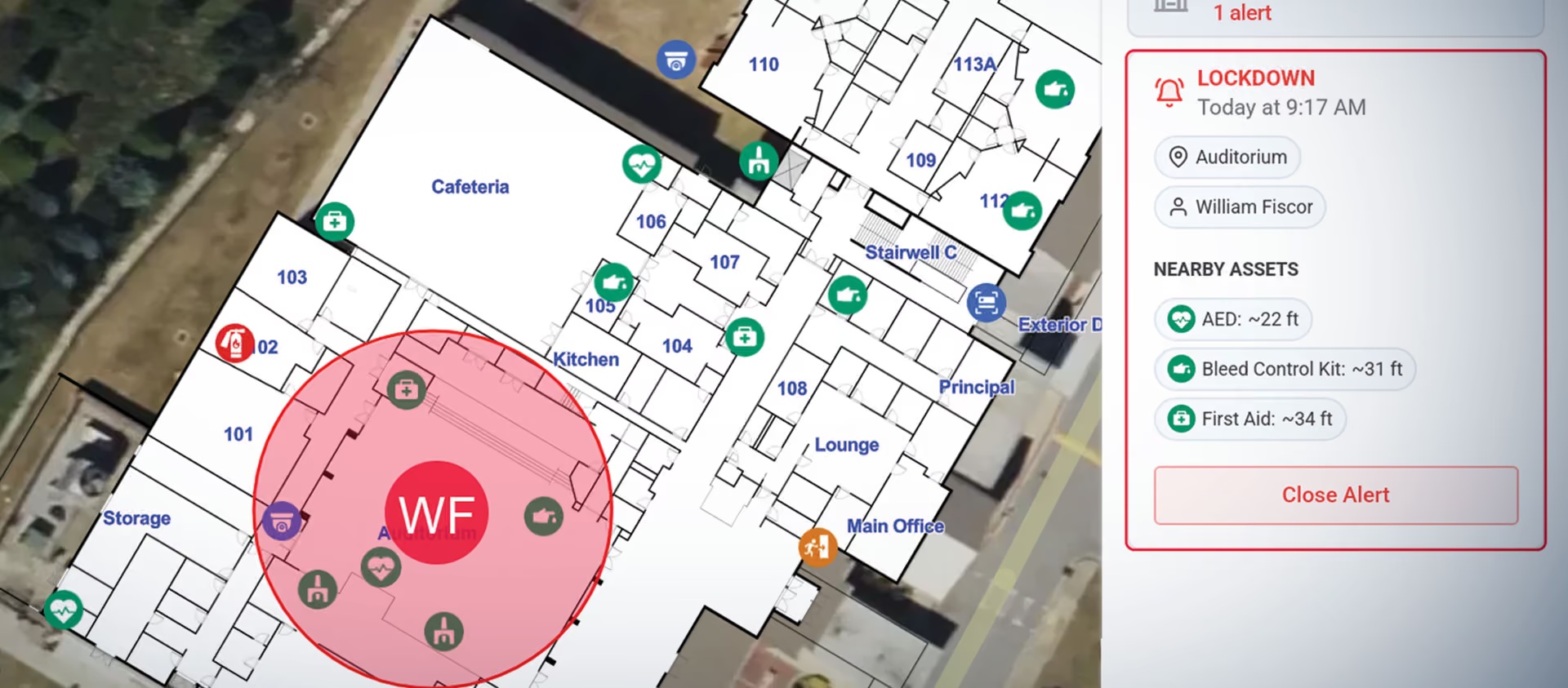 CENTEGIX product interface showing a lockdown location on a floor plan and nearby safety equipment