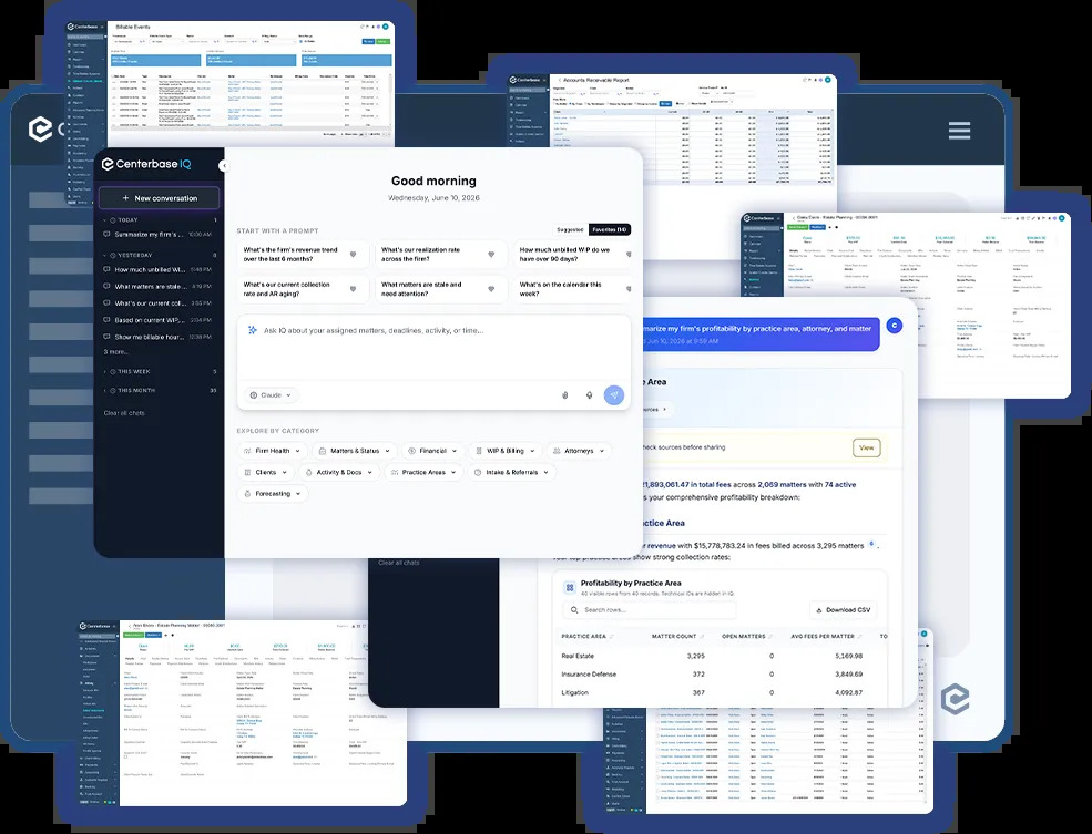 Centerbase IQ interface showing operational questions and visual answers from law firm data