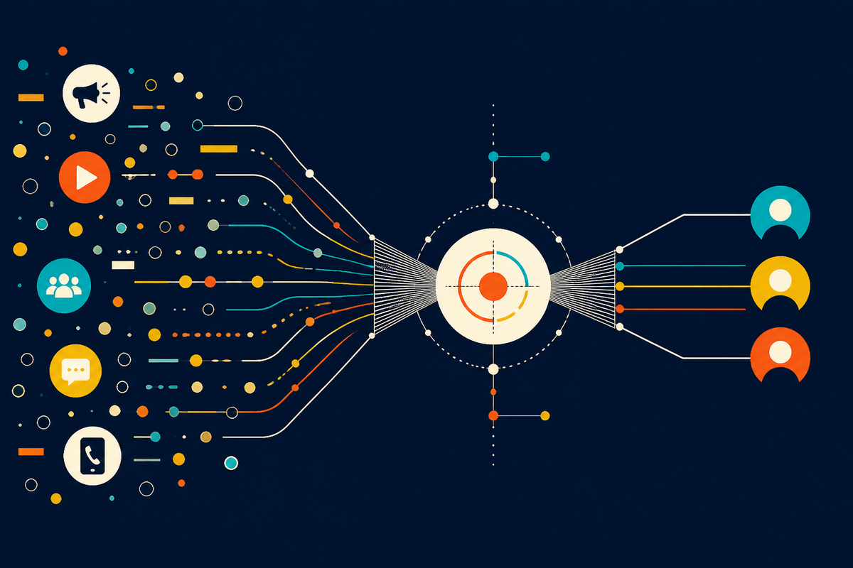 Abstract geometric illustration of many audience signals converging through a central system and emerging as customers
