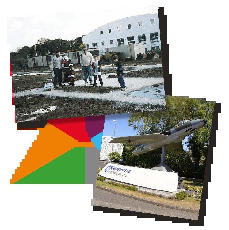Centerprise’s historical photo collage pairs an early company site with the Hawker jet outside its Basingstoke premises