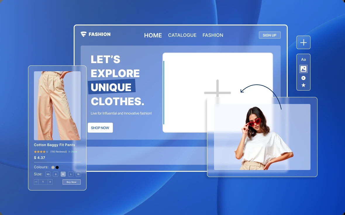 ZenBasket promotional artwork showing a fashion storefront, product choices, and visual editing controls