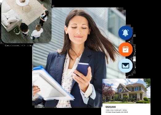 ShowingTime marketing montage of an agent using a phone, a home and appointment notifications